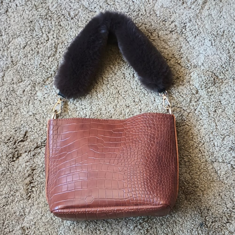 Faux Croc Embossed Purse with Faux Fur Rabbit Strap